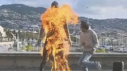 Ronaldo statue set ON FIRE in chilling stunt as police hunt vandal behind disturbing video!